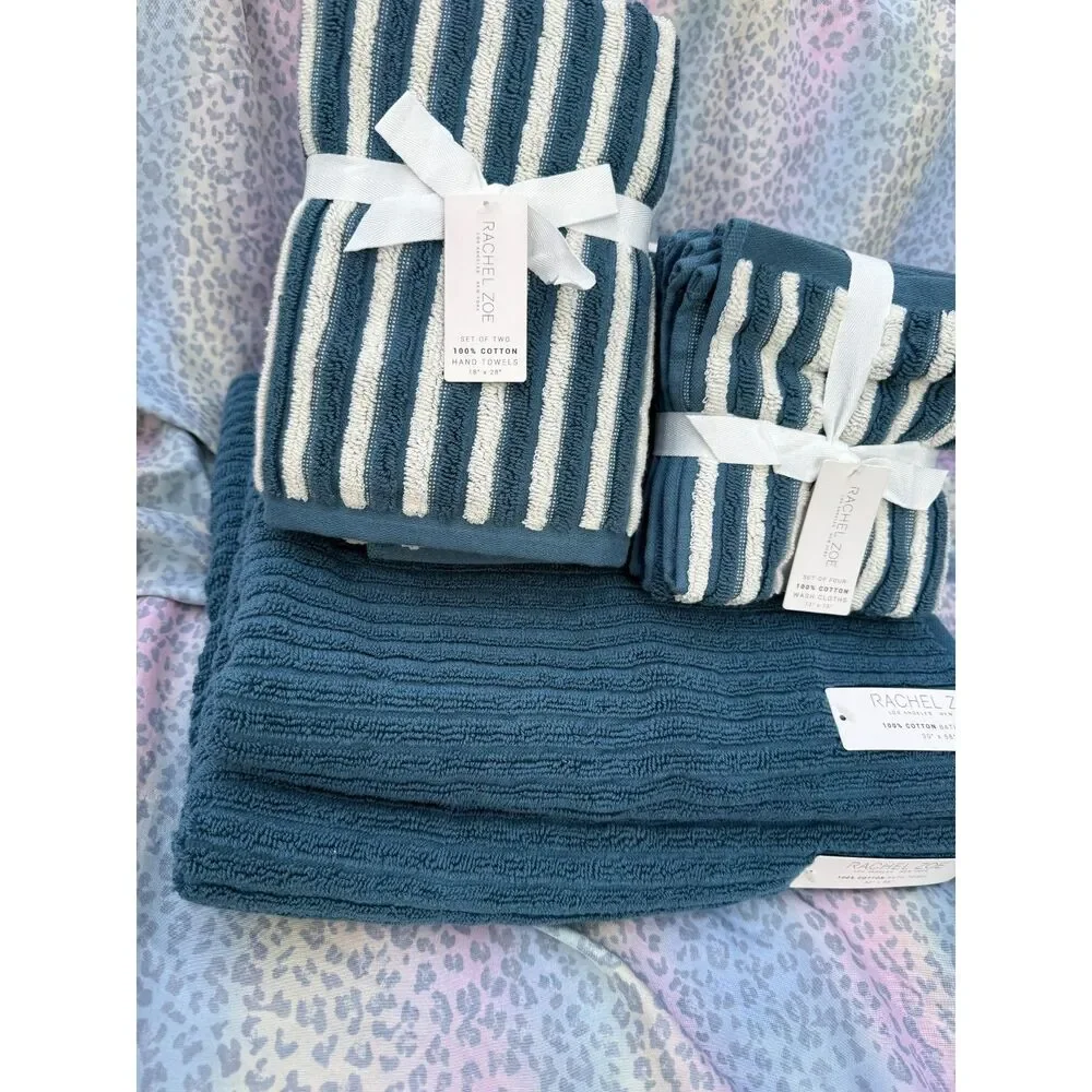 Rachel Zoe Teal Blue Towel Set 8 Pc 100% Cotton Bath Hand Washcloth NWT